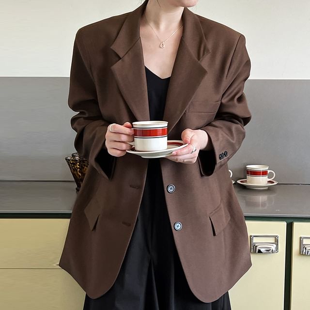 PERKARP-Notch Lapel Plain Single-Breasted Blazer