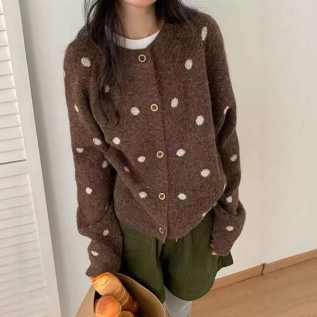 PERKARP-Round Neck Dotted Button Up Cardigan