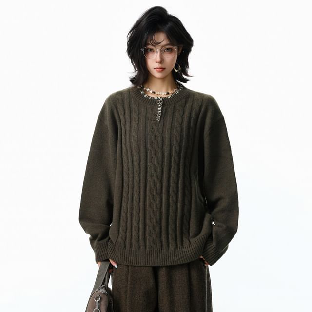 PERKARP-Round Neck Plain Cable-Knit Sweater