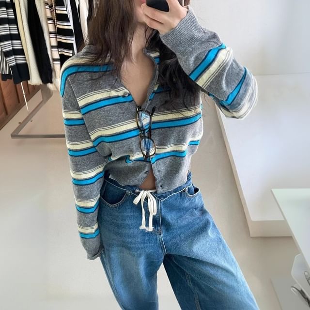 PERKARP-Round Neck Striped Cardigan