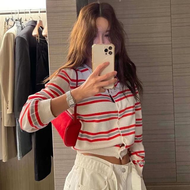 PERKARP-Round Neck Striped Cardigan