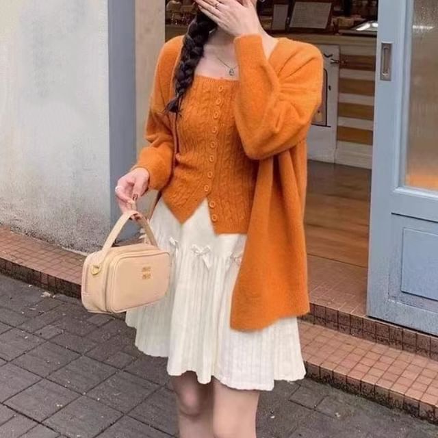 PERKARP-Set Plain Button Cable Knit Camisole Top Open Front Cardigan