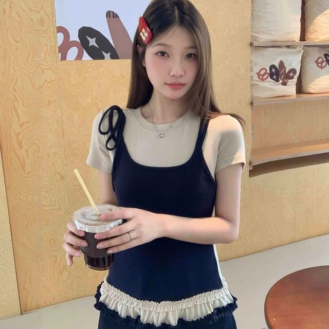 PERKARP-Short-Sleeve Crew Neck Mock Two Piece Ruffle Trim Tee