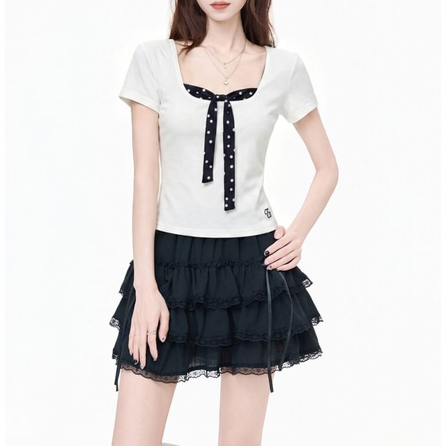 PERKARP-Short Sleeve Mock Two Piece Square-Neck Polka Dot Panel Slim-Fit Top