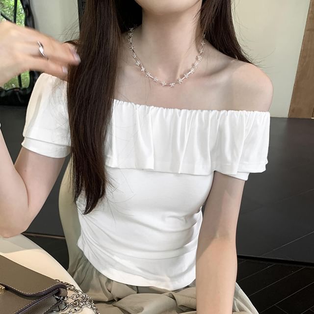 PERKARP-Short-Sleeve Off Shoulder Plain Top