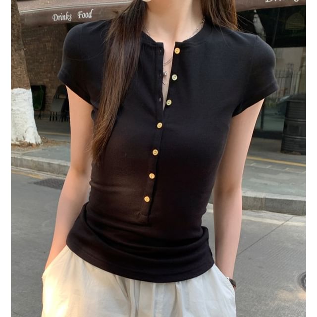 PERKARP-Short Sleeve Round Neck Plain Button Up Slim-Fit Top