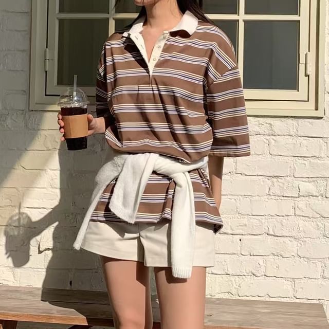 PERKARP-Short Sleeve Striped Polo Shirt