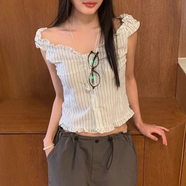 PERKARP-Sleeveless Off Shoulder Striped Frill Blouse