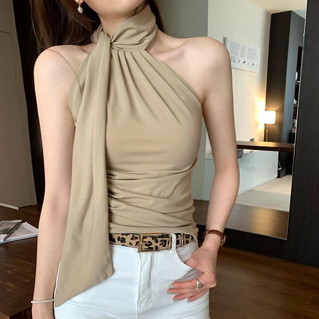 PERKARP-Sleeveless Tie Neck Plain Top