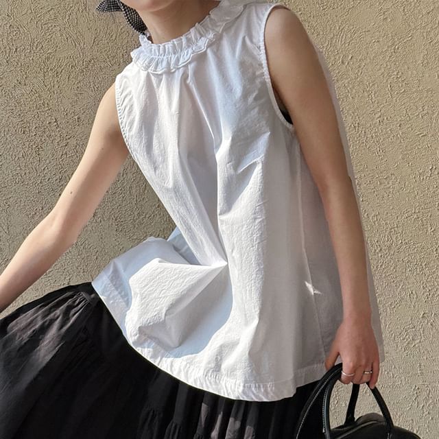 PERKARP-Sleeveless V-Neck Plain Ruffle Trim Blouse