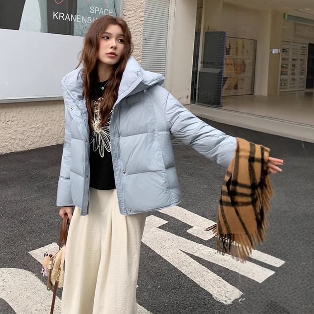PERKARP-Stand Collar Plain Hood Zip Puffer Jacket