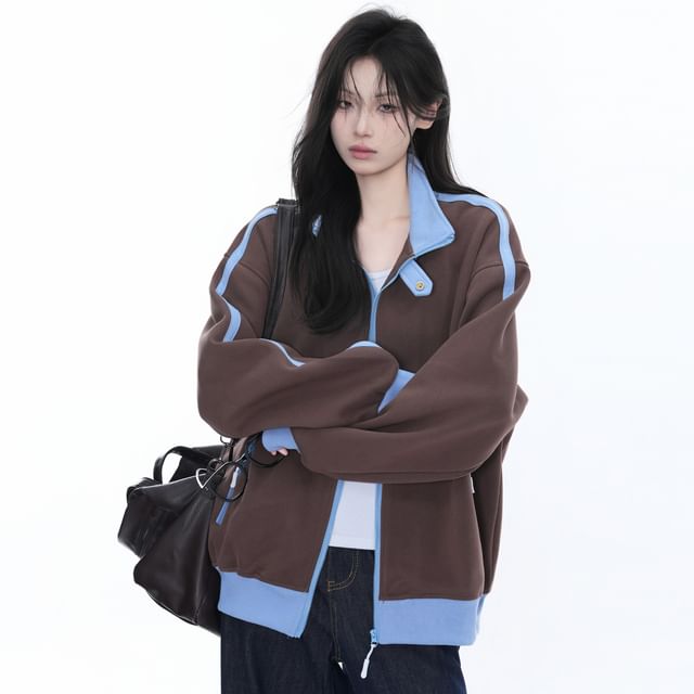 PERKARP-Stand Collar Striped Zip Jacket