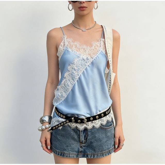 PERKARP-V-Neck Lace Panel Camisole Top
