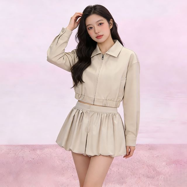 Petit Lace-Collared Zip-Up Plain Crop Jacket Low Waist Plain Mini Skort