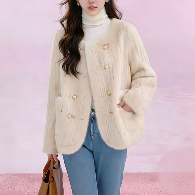 Petit Lace-Crew Neck Double-Breasted Plain Fluffy Jacket