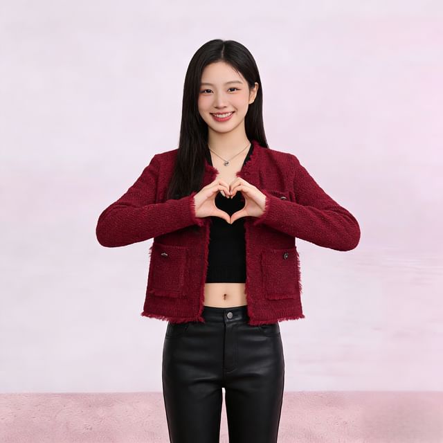 Petit Lace-Crew Neck Frayed Open Front Tweed Jacket