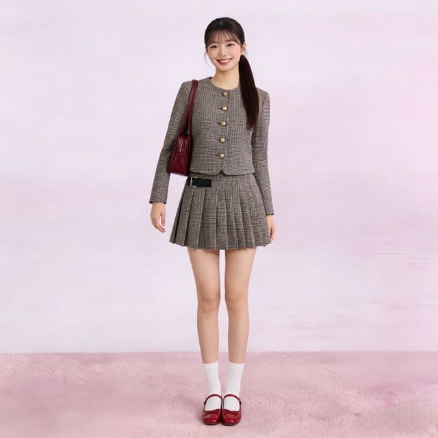 Petit Lace-Crew Neck Houndstooth Button-Up Jacket High Waist Pleated Mini A-Line Skirt