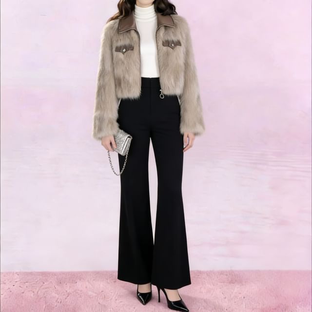 Petit Lace-Faux Fur Collared Crop Jacket