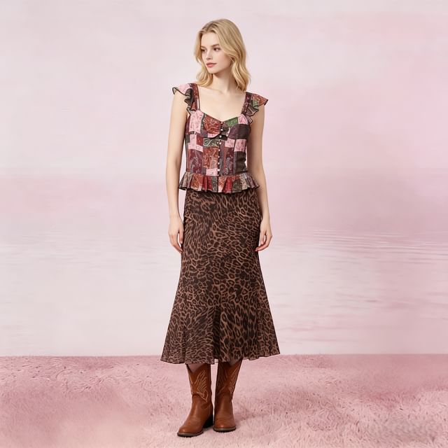 Petit Lace-Leopard Chiffon A-Line Midi Skirt