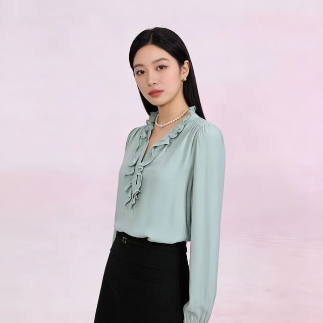 Petit Lace-Long-Sleeve Ruffle Trim Collar Plain Blouse