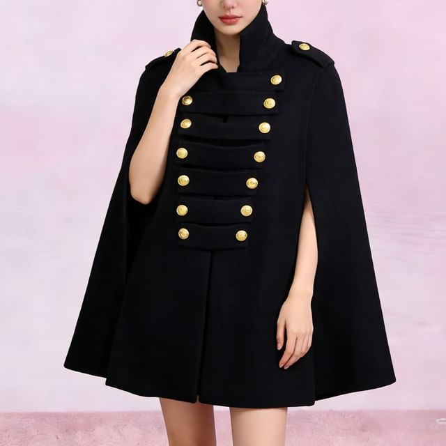 Petit Lace-Plain Double-Breasted Long Capelet
