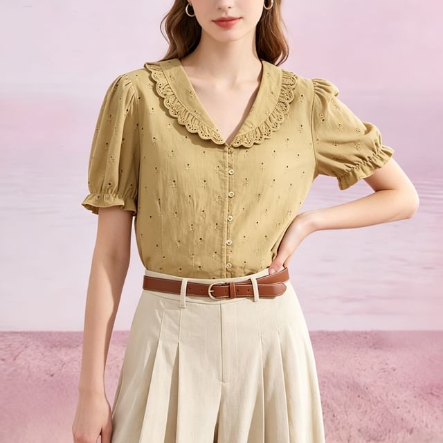 Petit Lace-Puff Sleeve V-neck Collared Ruffle-Trim Button-Up Blouse
