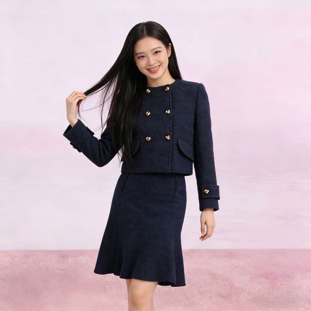 Petit Lace-Round Neck Plain Double Breasted Wool Jacket Mid Rise Midi A-Line Skirt