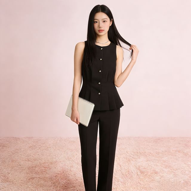 Petit Lace-Round Neck Plain Pleated Button Vest Mid Rise Straight Leg Dress Pants