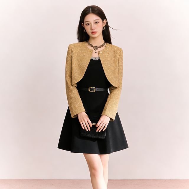 Petit Lace-Round Neck Tweed Crop Button Jacket