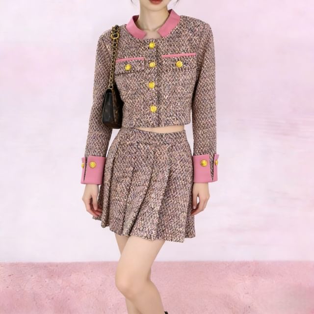 Petit Lace-Set Tweed Button-Up Crop Jacket High Waist Mini Pleated Skirt