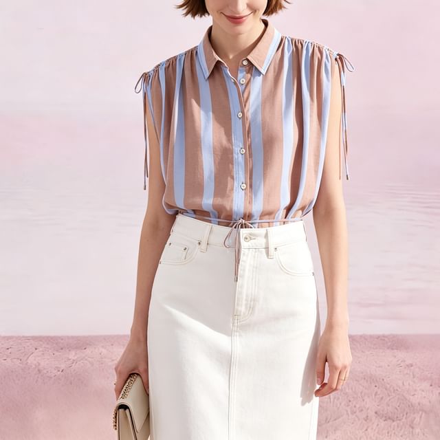 Petit Lace-Sleeveless Collared Striped Drawstring Button-Up Blouse