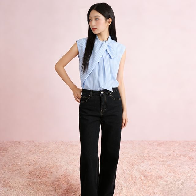 Petit Lace-Sleeveless Tie Neck Striped Blouse