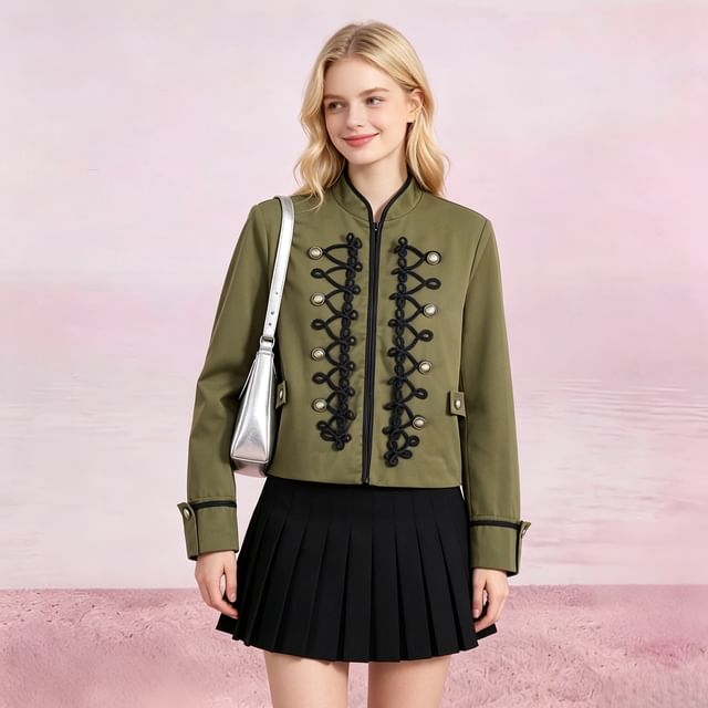 Petit Lace-Stand Collar Contrast Trim Hook And Eye Jacket