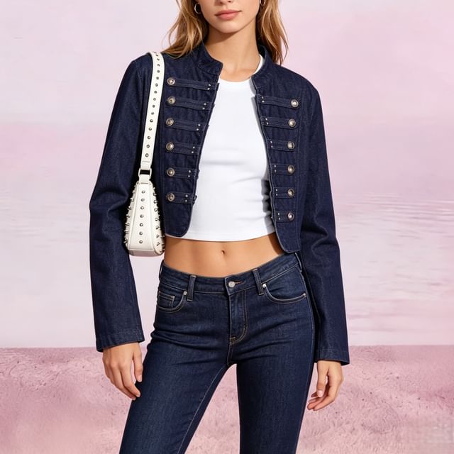 Petit Lace-Stand Collar Hook And Eye Plain Crop Denim Jacket