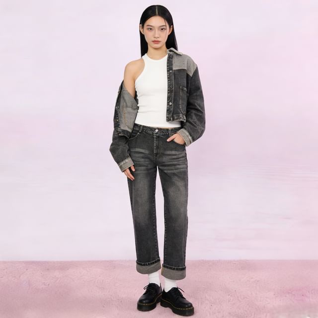 Petit Lace-Two Tone Washed Denim Button Up Jacket Mid Rise Washed Straight Leg Jeans