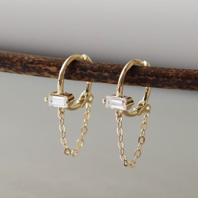 Phoenoa-925 Sterling Silver Rhinestone Chained Huggie Earring