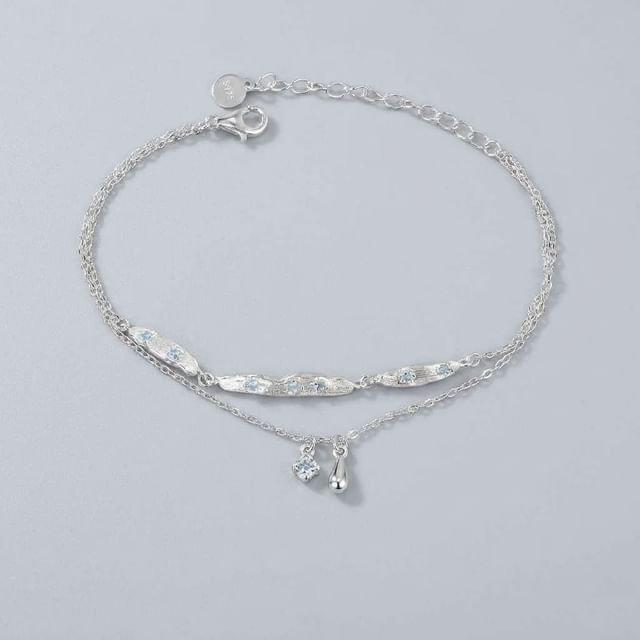 Phoenoa-925 Sterling Silver Rhinestone Charm Layered Bracelet