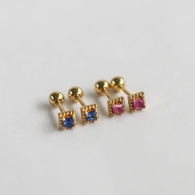 Phoenoa-925 Sterling Silver Square Rhinestone Barbell Earring