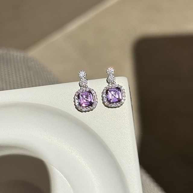Phoenoa-925 Sterling Silver Square Rhinestone Drop Earring
