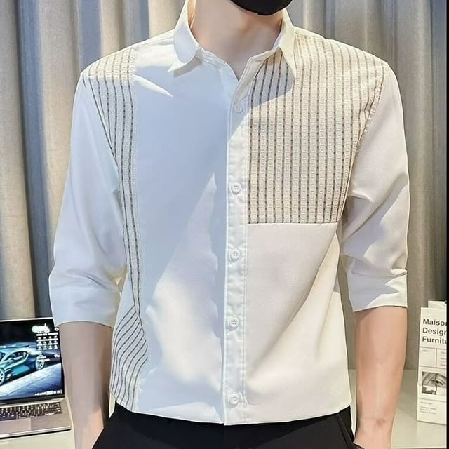 Phoneus-34-Sleeve Striped Panel Button-Up Shirt