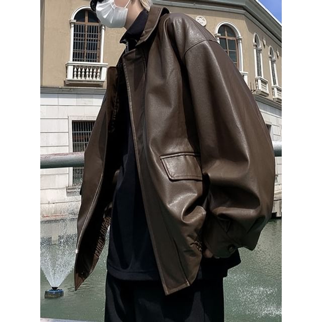 Phoneus-Collared Faux Leather Zip Jacket