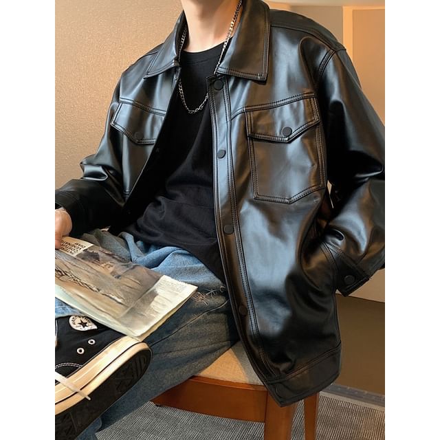 Phoneus-Collared Plain Faux Leather Oversized Button Up Jacket