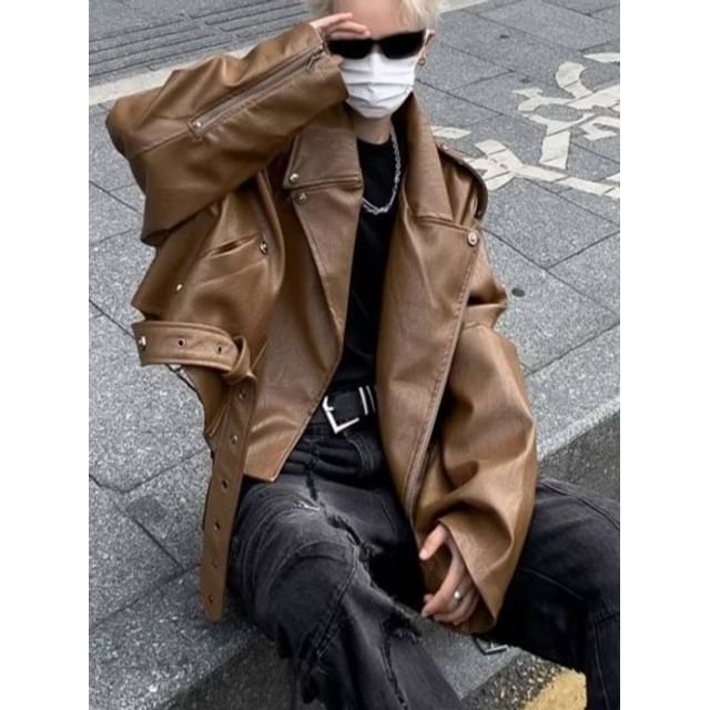 Phoneus-Collared Plain Faux Leather Zip Biker Jacket