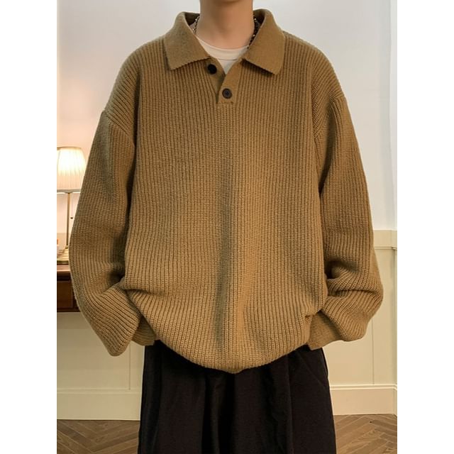 Phoneus-Collared Ribbed Knit Polo Sweater