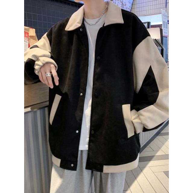 Phoneus-Collared Two Tone Button Up Jacket