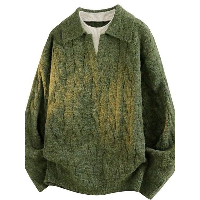 Phoneus-Crew Neck Collared Mock Two Piece Cable Knit Sweater