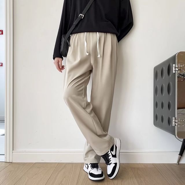 Phoneus-Drawstring Waist Plain Straight Leg Pants