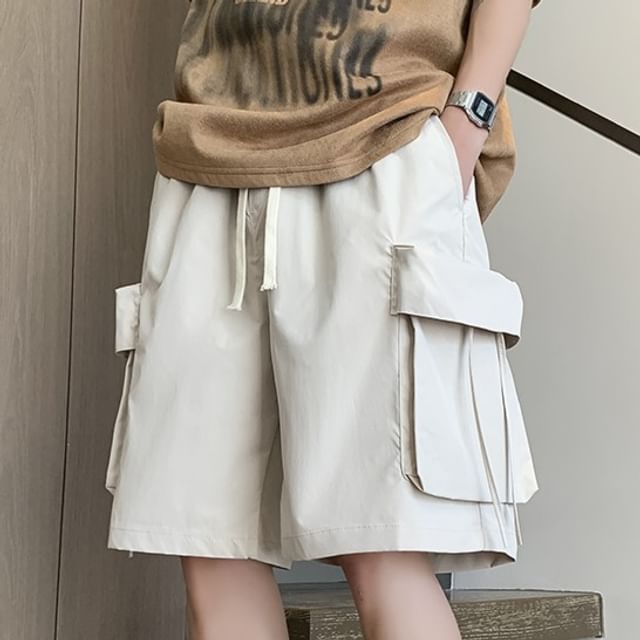Phoneus-Drawstring Waist Plain Wide Leg Cargo Shorts
