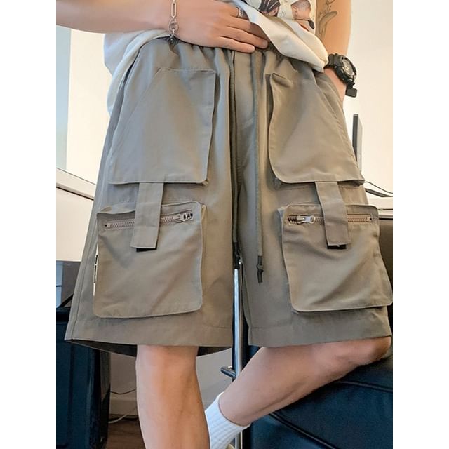 Phoneus-Drawstring Waist Plain Wide Leg Cargo Shorts