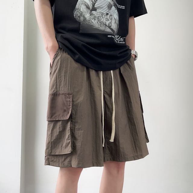 Phoneus-Drawstring Waist Two Tone Cargo Shorts
